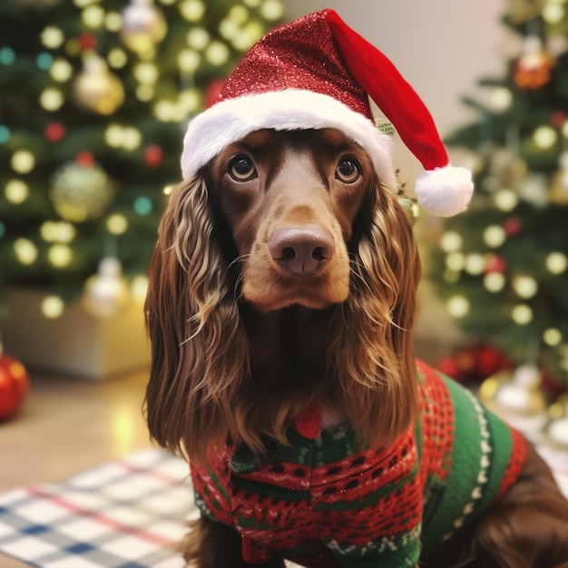 クリスマスの服装を着たイングランド・コッカー・スパニエル