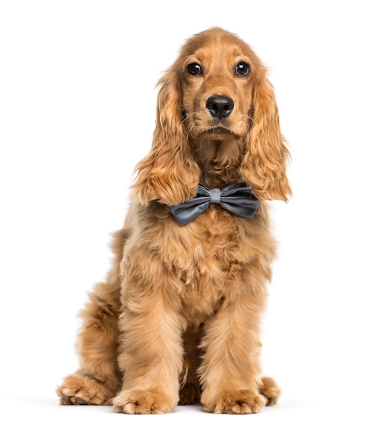 English Cocker Spaniel sitting in front of white background