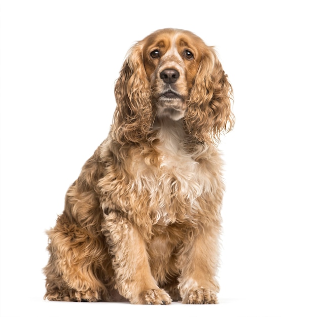 English Cocker Spaniel sitting in front of white background