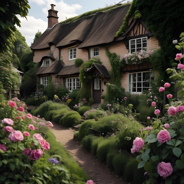 English cottage in the garden with pink roses and green plants Vintage style generative ai