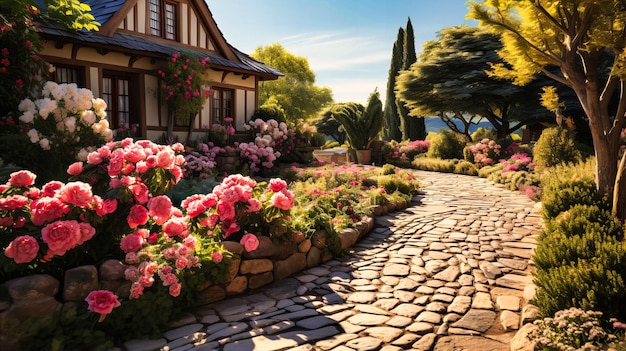 English country garden with stone paths and rose bushes