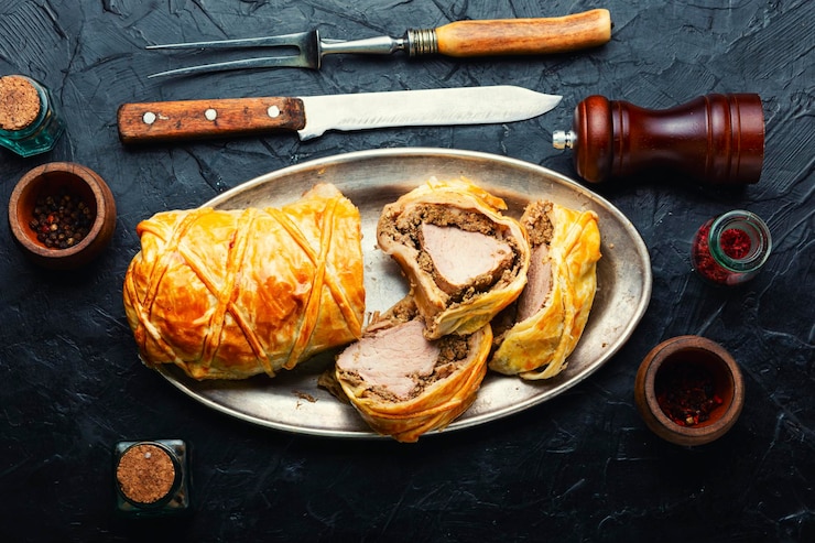 Photo きのこを詰めたパフペストリーのビーフテンダーロインの英国料理ウェリントンミート