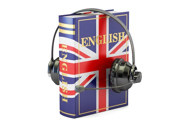 Foto libro di testo di lingua inglese con cuffie per l'apprendimento e la traduzione di concetti 3d