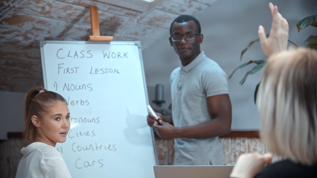 English lesson in the class with an african american teacher a blonde woman raises her hand up