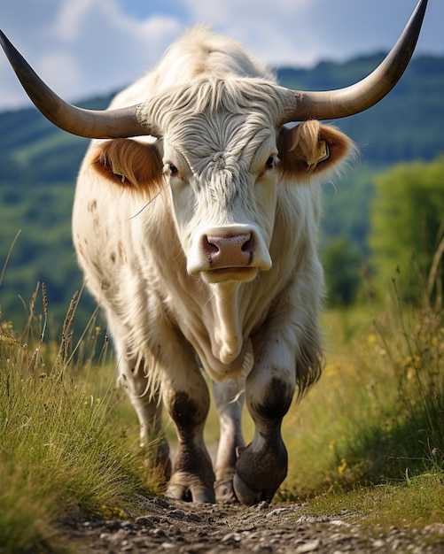 Foto english longhorn cattle breed seduto in un posto alto con sfondo di montagna foto generata da ai