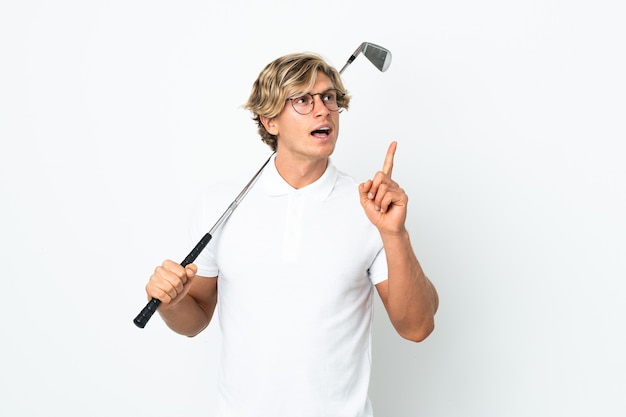 English man playing golf thinking an idea pointing the finger up