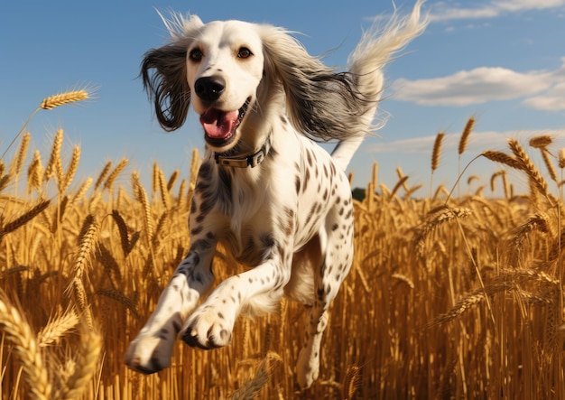 An english setter leaping gracefully over tall grass during a game of fetch