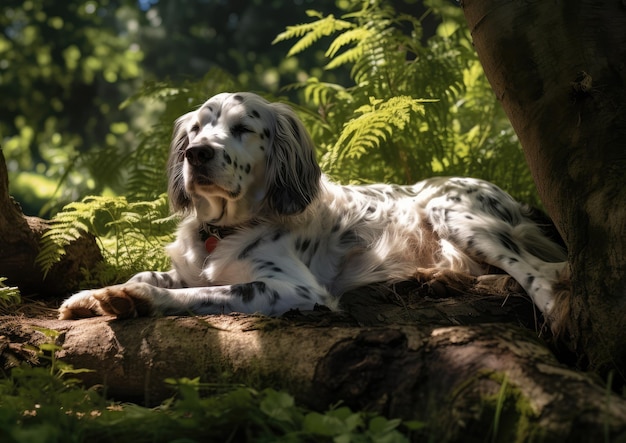 An English Setter resting under a shade tree after an adventurous hike