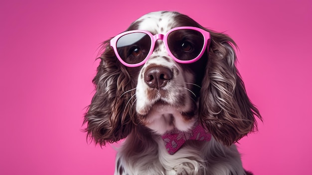 English springer spaniel dog with sunglasses color background generative ai