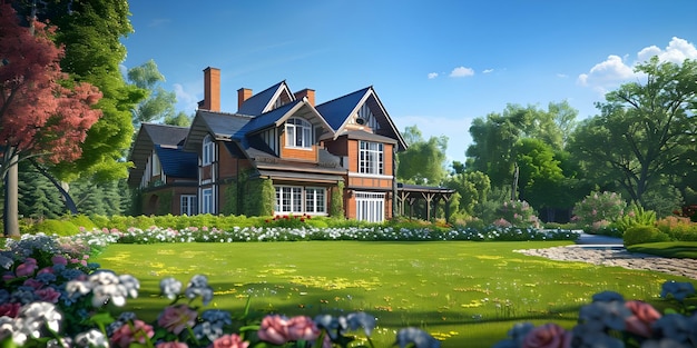 English Style Garden House with Expansive Green Lawn Traditional English Garden House