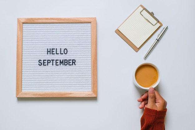 English text Hello September on a letter Board