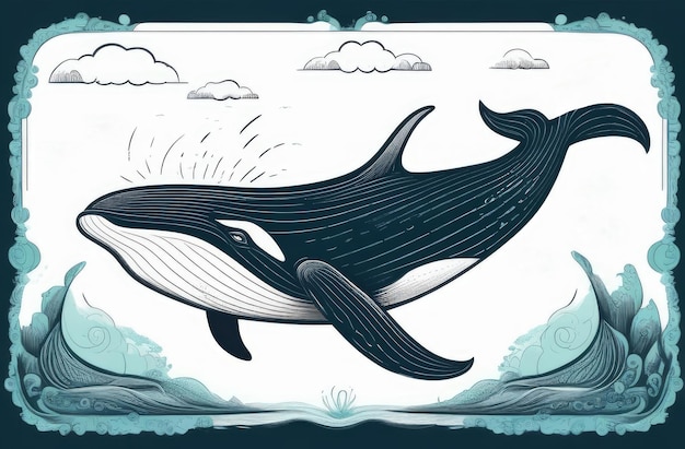 engraved drawing of giant whale jumping out of water in ocean sea wild life and animals