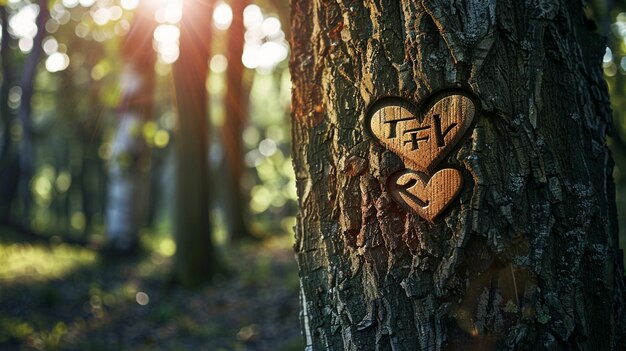 Foto cuore inciso sul tronco di un albero nella foresta simbolo romantico della natura
