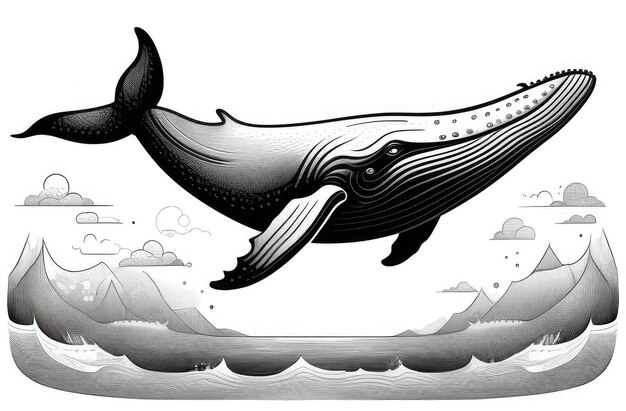 engraved illustration of giant whale jumping out of water in ocean sea wild life and animals