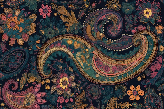 Engraved paisley patterns in vibrant colors on a dark background