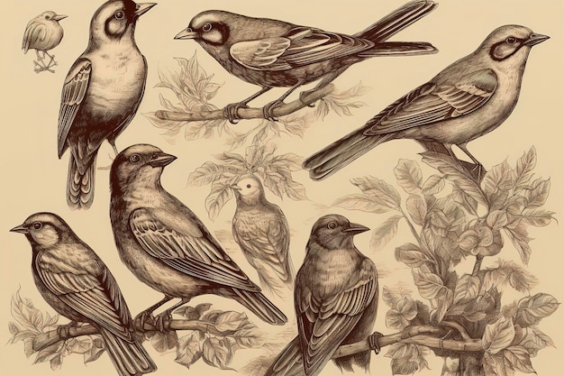 Photo engraved vintage set of birds elements generate ai