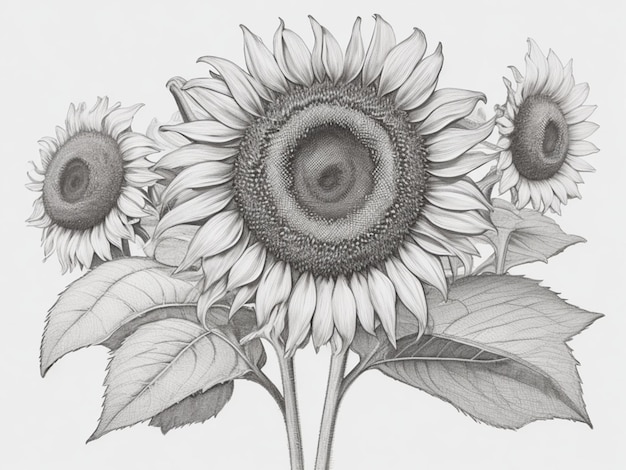 engraving drawing illustration of big sunflower