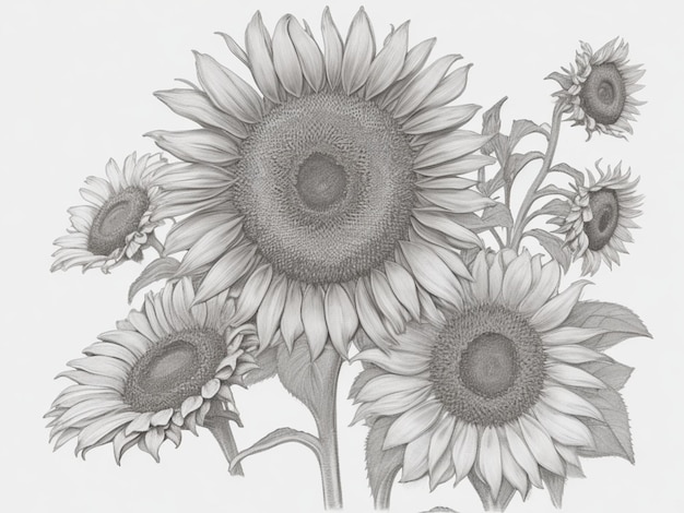 engraving drawing illustration of big sunflower