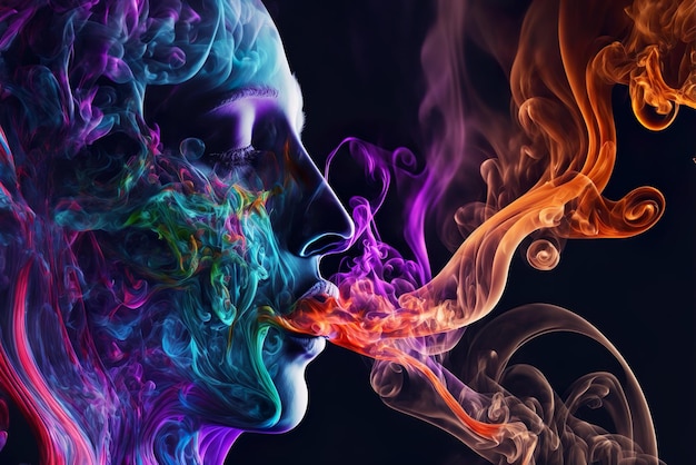 a engraving, illustration of a woman smoking a cigarette with colored smoke, an airbrush painting.