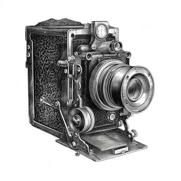 Foto stile di incisione di un'antica macchina fotografica incisa stile isolato sfondo bianco