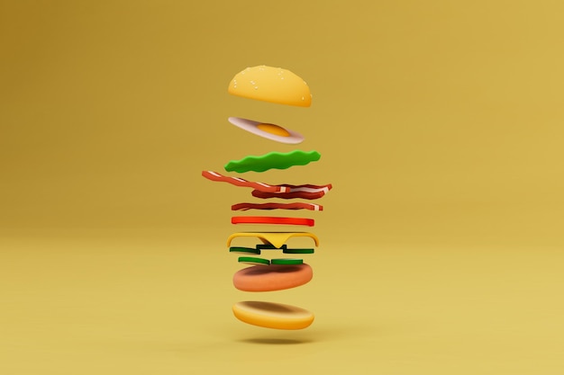 Foto engridients voor het maken van een burger een vliegende burger op een gele achtergrond 3d render