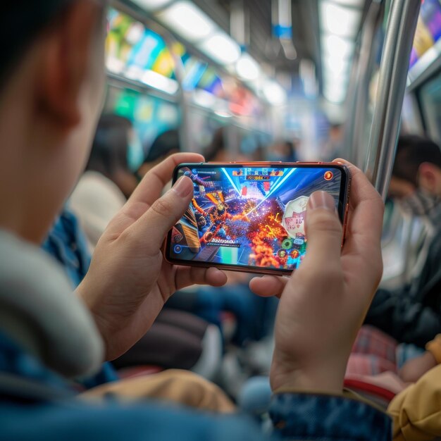 Photo engrossed gamer playing action game on smartphone in subway