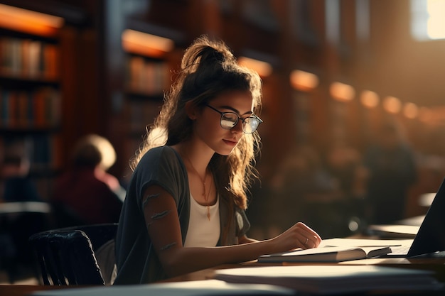 Foto studente universitario assorbito che studia in mezzo al silenzio della luce del giorno biblioteca con laptop e libri