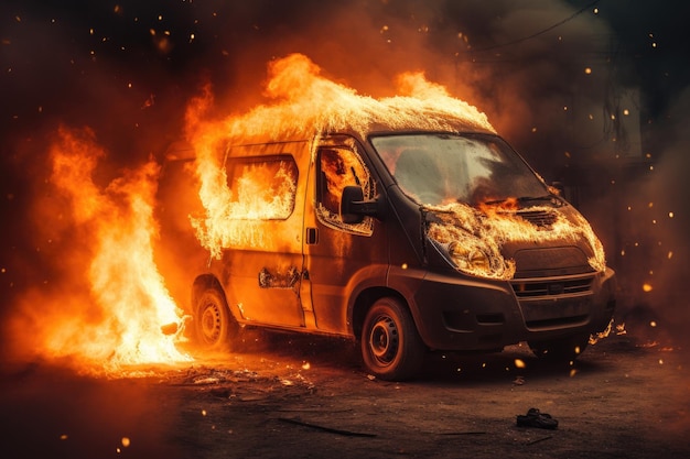 Engulfed in fiery flames a van emits dense smoke