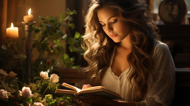 Photo enhance a portrait of young woman reading background