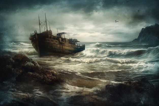 Enhanced vintage realistic shipwreck illustration (illustrazione migliorata del naufragio).