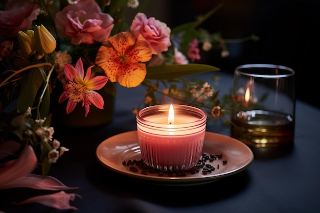 비언스 를 향상 시키는 차 빛 은 테이블 에 있는 꽃 전시 를 비추고 있다