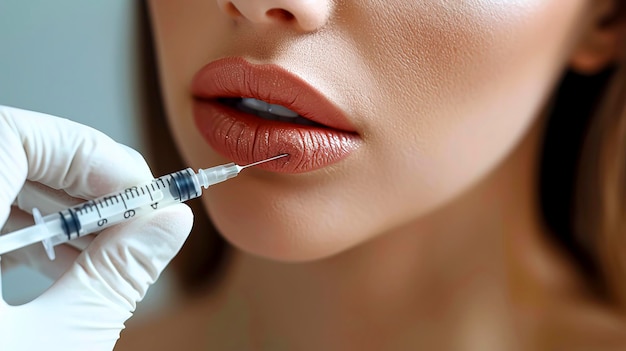 Enhancing beauty Woman receiving lip filler injections near chin with syringe