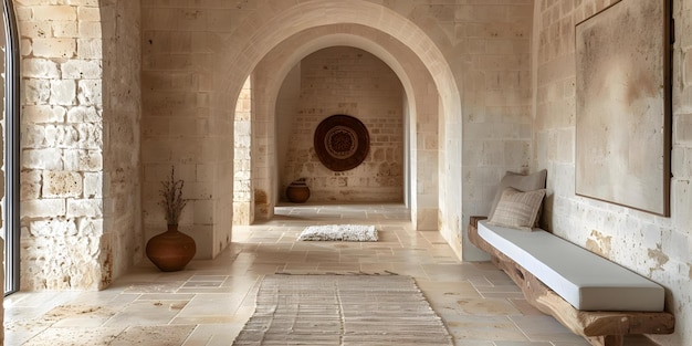 Photo enhancing a country house hallway with modern rustic elements including arches and stone walls concept rustic hallway redesign modern archways stone wall decor country house renovation