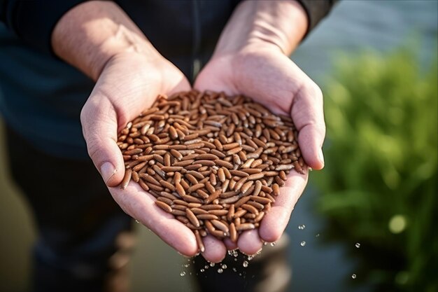 Enhancing Fish Health The Importance of Closeup Brown Pellet Feeds and Surface Pond Fish Farming