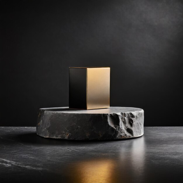 Enhancing Presentation Showcasing Packaging and Product on a Sleek Stone Podium against a Dark Black