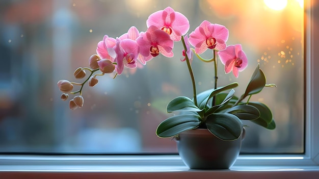 Фото Улучшение комнаты с крупным планом листьев орхидеи phalaenopsis в цветочном горшке на подоконнике концепция внутреннего декора фотография крупного плана фалаенопсис орхидеи цветочный горшок на подоконнице