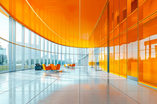 Photo enhancing workplace culture vibrant orange office space with glass windows