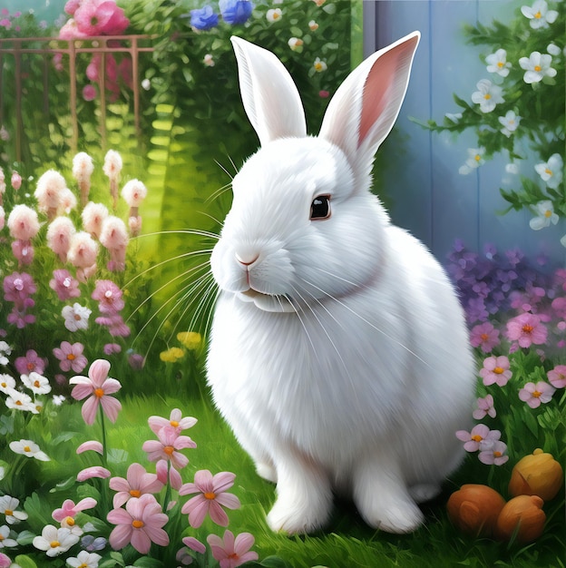 Enig wit konijn in bloementuin Een konijn dat in Ga loopt