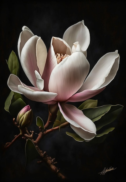 Enige magnoliabloem op zwarte achtergrond