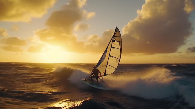 Enige windsurfer die van de golven geniet