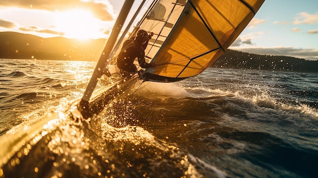 Foto enige windsurfer die van de golven geniet