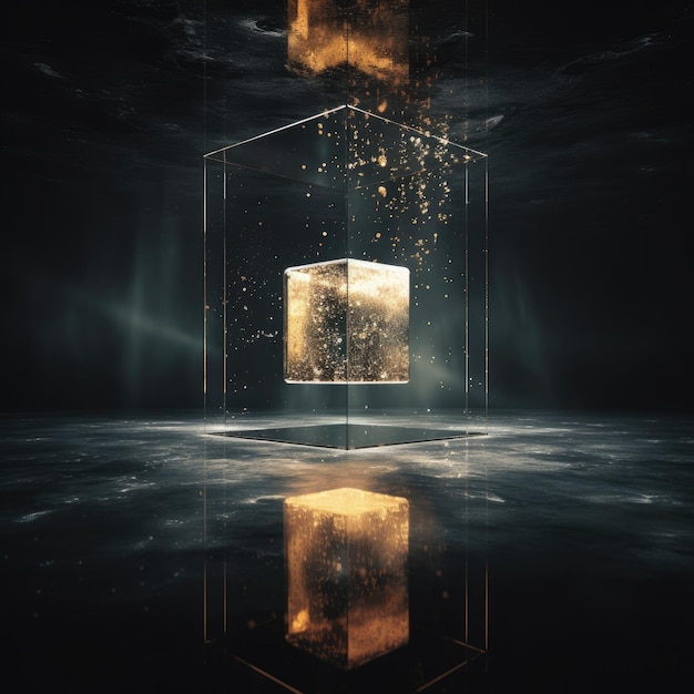 Enigma Revealed Captivating Mirror Cube Suspended in Air against a Dark Abyss