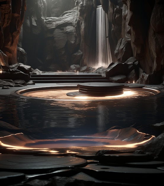 Enigmatic Abandoned Spaces A Futuristic Waterfall and Hot Tub in Dark Chiaroscuro Contrast and Abst