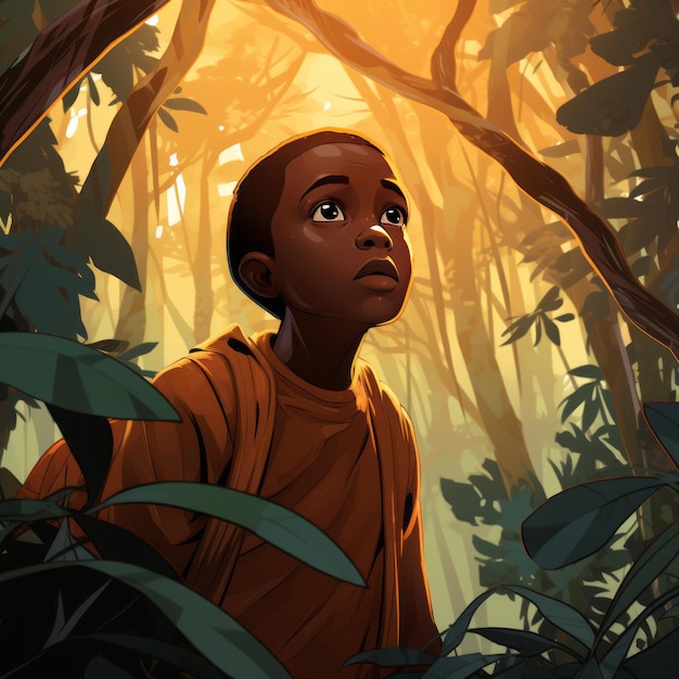 The Enigmatic Adventures of a Young Guinean Boy in a Whimsical Forest A Cartoon Quest