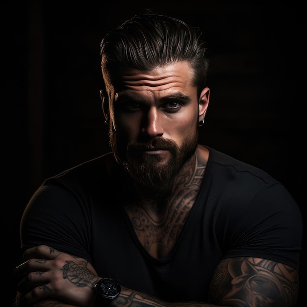 The Enigmatic Allure Captivating Cinematic Lighting on a Masculine Tattooed Man with a Bold Black B
