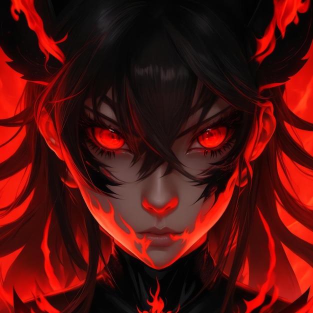 Enigmatic animestyle figure with red eyes and flames Generative AI