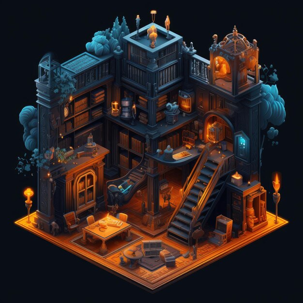 The Enigmatic Archive Unveiling the Secrets of Ancient Texts through Isometric Art and Vibrant Cyan