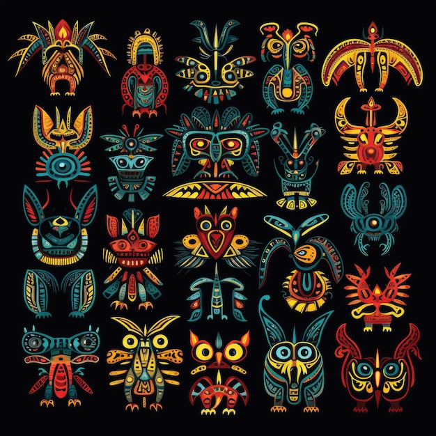 Enigmatic Aztec Animal Drawings Unveiled against a Captivating Black Background