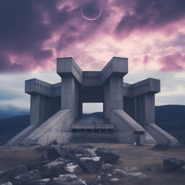 Photo enigmatic beauty the brutalist medieval castle of mount gilead in the psychedelic sky of yugoslav b