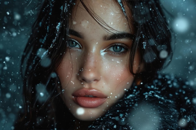 사진 제너레이티브 ai 기술로 만들어진 매혹적인 시선을 드러내는 황혼의 겨울 눈 속에서 수수께끼의 아름다움이 반짝인다